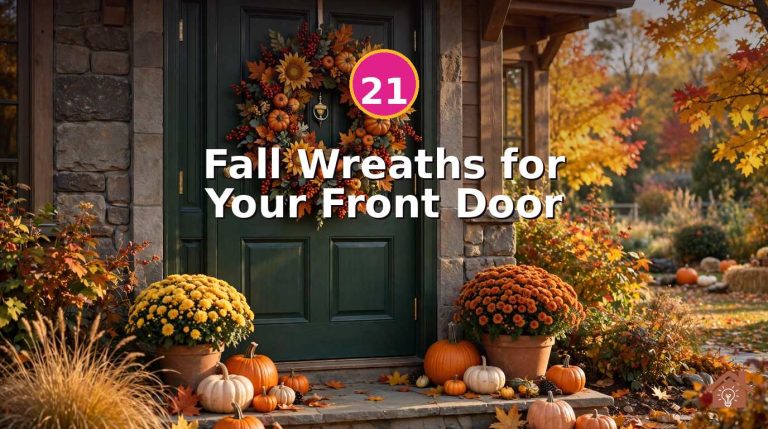 Front door decorated with a lush fall wreath of amber sunflowers, red berries and pumpkins, golden autumn light