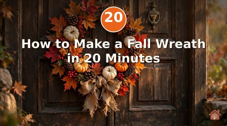 Handmade fall wreath with maple leaves, mini pumpkins, pinecones and a burlap bow hanging on a rustic wooden front door