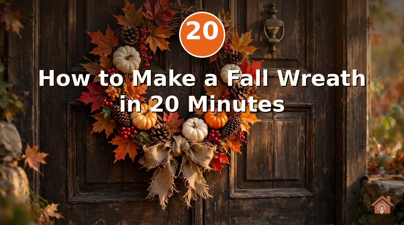 Handmade fall wreath with maple leaves, mini pumpkins, pinecones and a burlap bow hanging on a rustic wooden front door