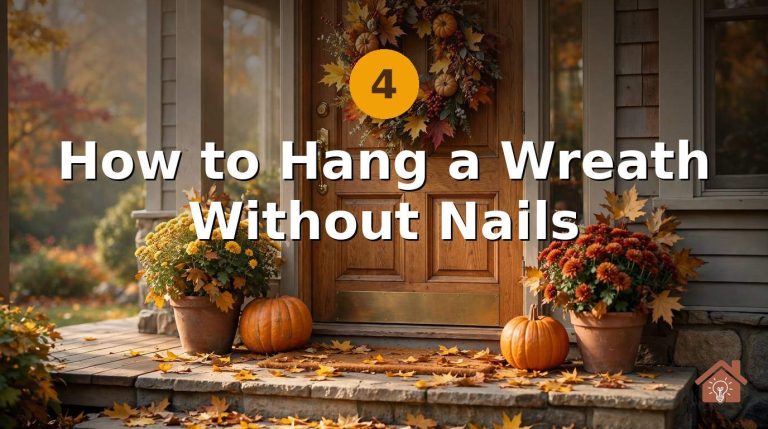 Fall wreath with orange and red leaves hanging on a wooden front door, pumpkins on the porch steps in warm morning light