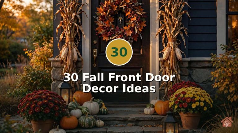 Fall front door decorated with a lush autumn wreath, pumpkin clusters, mums and glowing lanterns in warm evening light