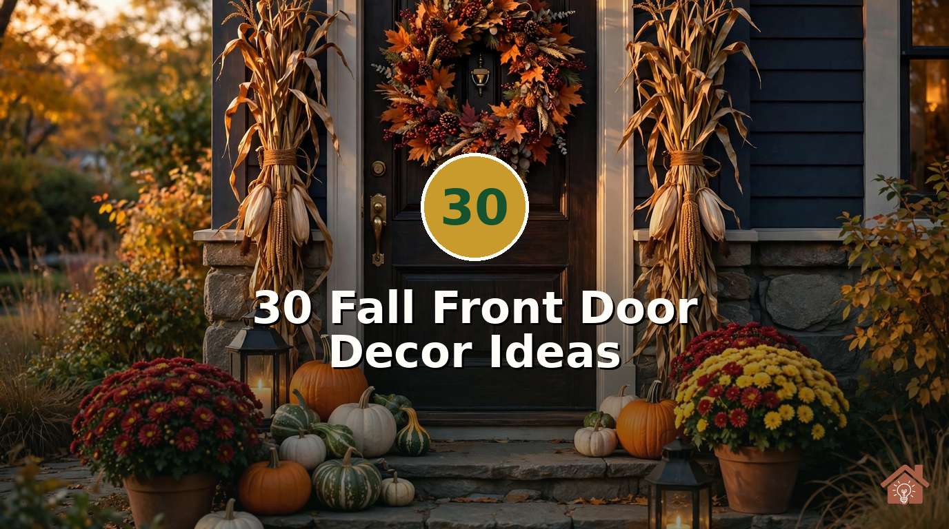 Fall front door decorated with a lush autumn wreath, pumpkin clusters, mums and glowing lanterns in warm evening light