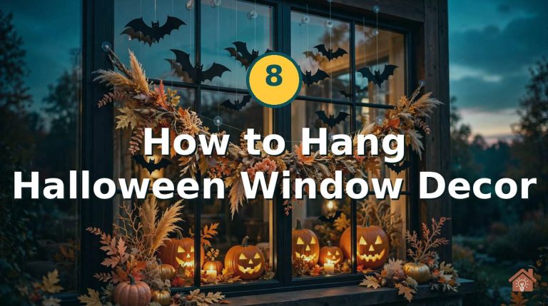 Halloween window decorated with hanging bats, glowing jack-o'-lanterns and a fall garland at dusk