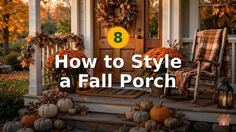Beautifully styled fall front porch at golden hour with layered doormats, mum planters, pumpkin clusters, glowing lanterns and an autumn wreath on the door