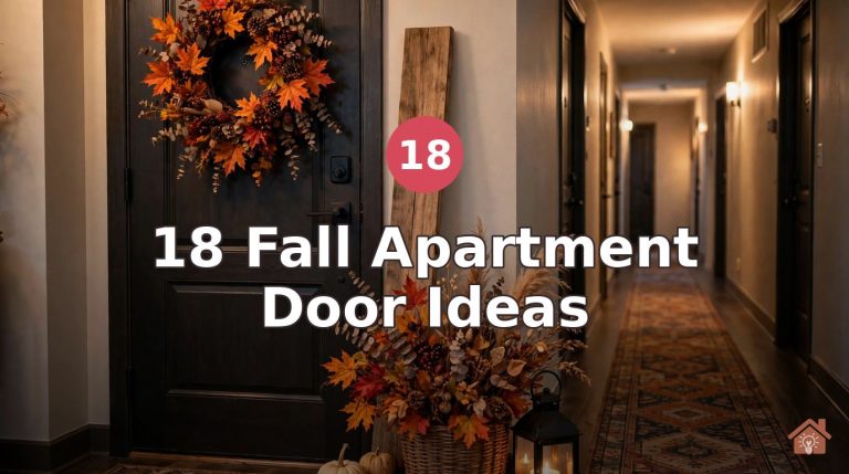 Cozy apartment hallway decorated for fall with a wreath-covered door, hello FALL sign, basket of autumn foliage, glowing lantern and patterned runner rug