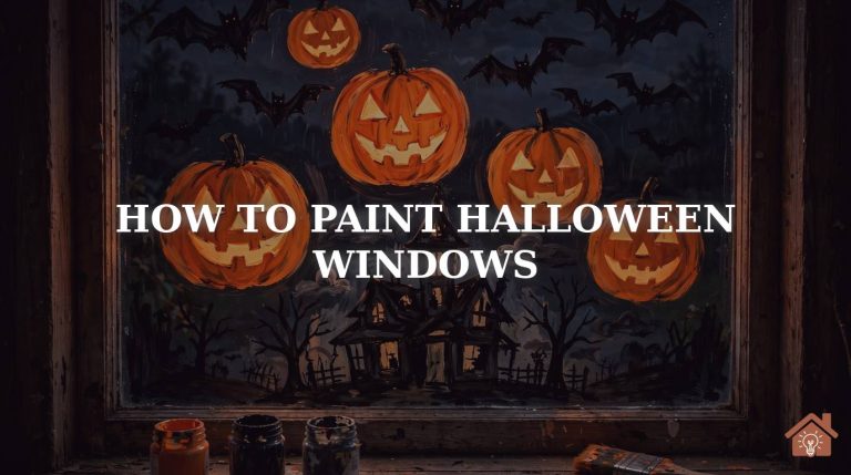 Hand-painted Halloween window with glowing jack-o-lanterns, bats and a haunted house, paint jars and brush on the sill