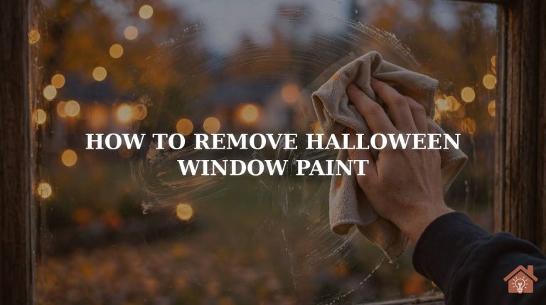 Hand wiping Halloween window paint off a glass window with a cloth, autumn lights glowing outside