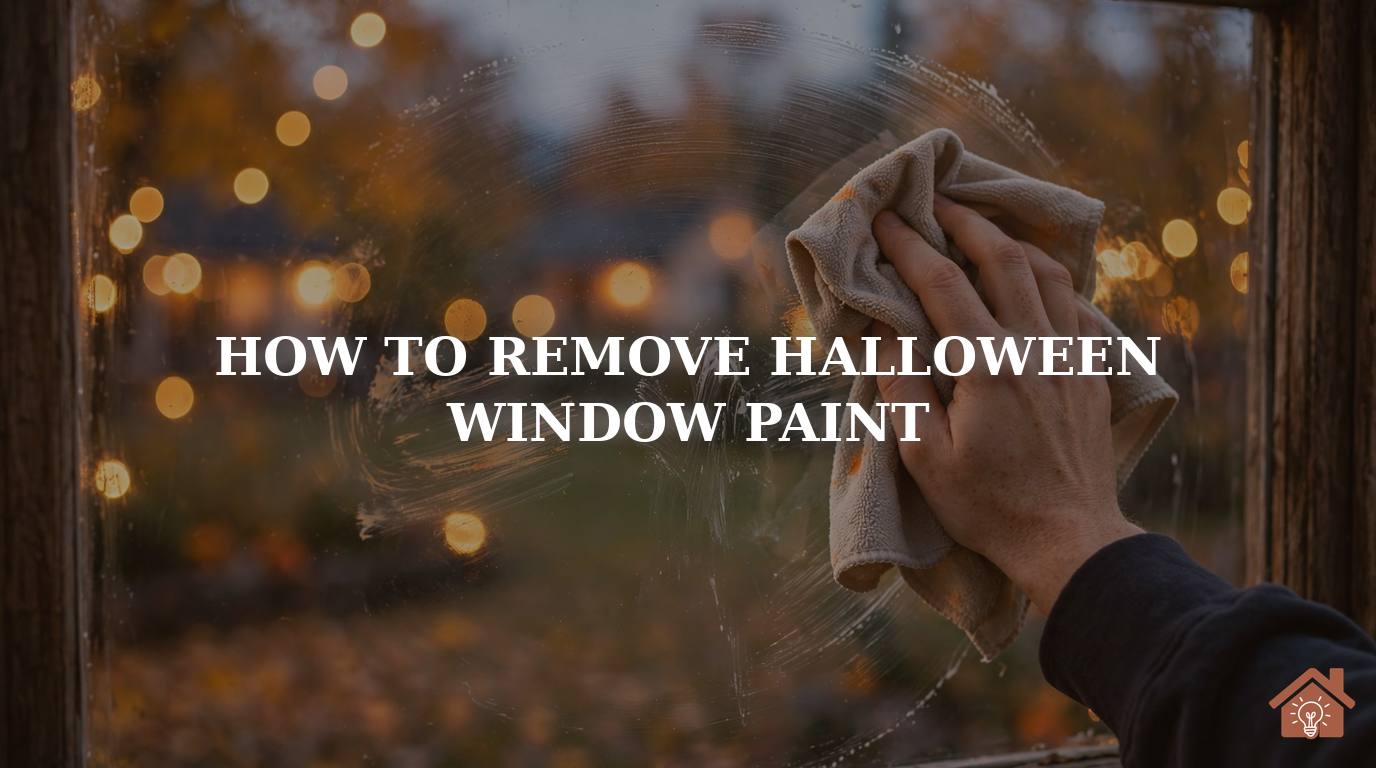 Hand wiping Halloween window paint off a glass window with a cloth, autumn lights glowing outside