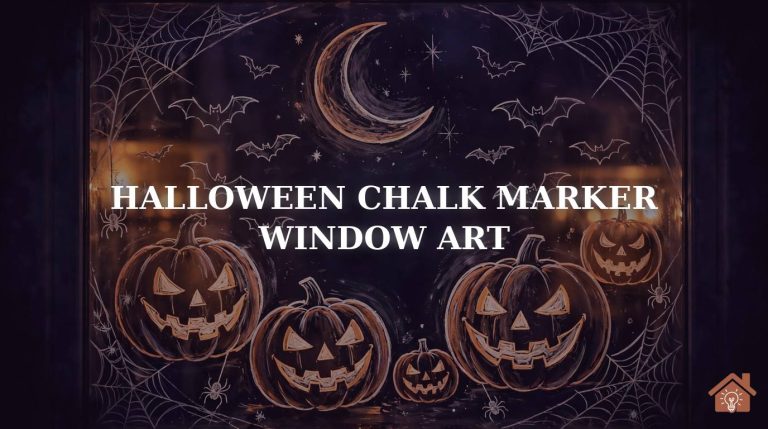 Halloween chalk marker window art with glowing jack-o'-lanterns, spiderwebs, and bats drawn on glass