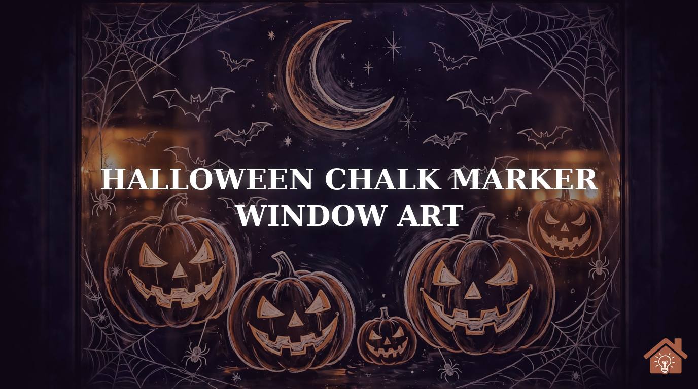Halloween chalk marker window art with glowing jack-o'-lanterns, spiderwebs, and bats drawn on glass