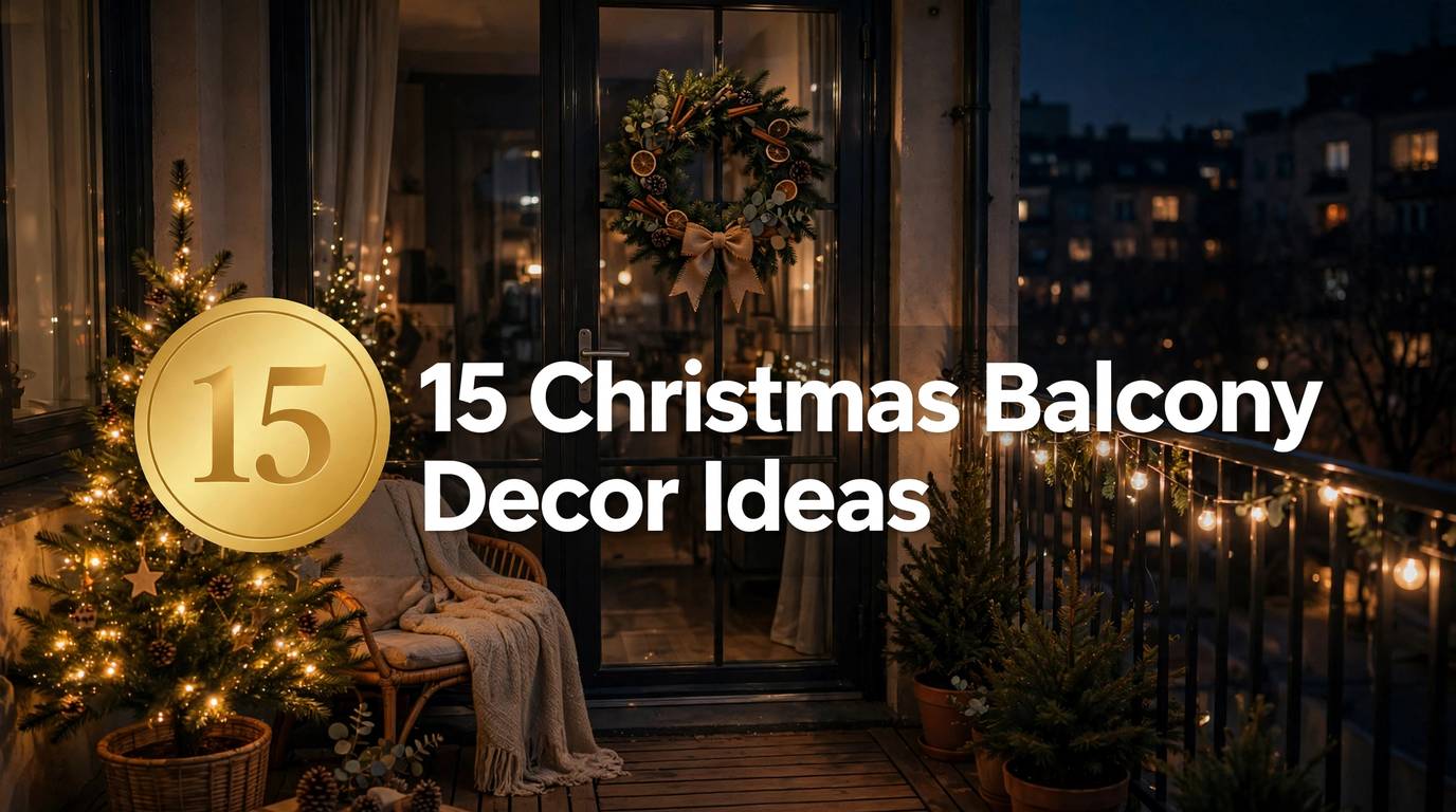 ** Christmas balcony decorated with warm string lights, garland and a small lit tree