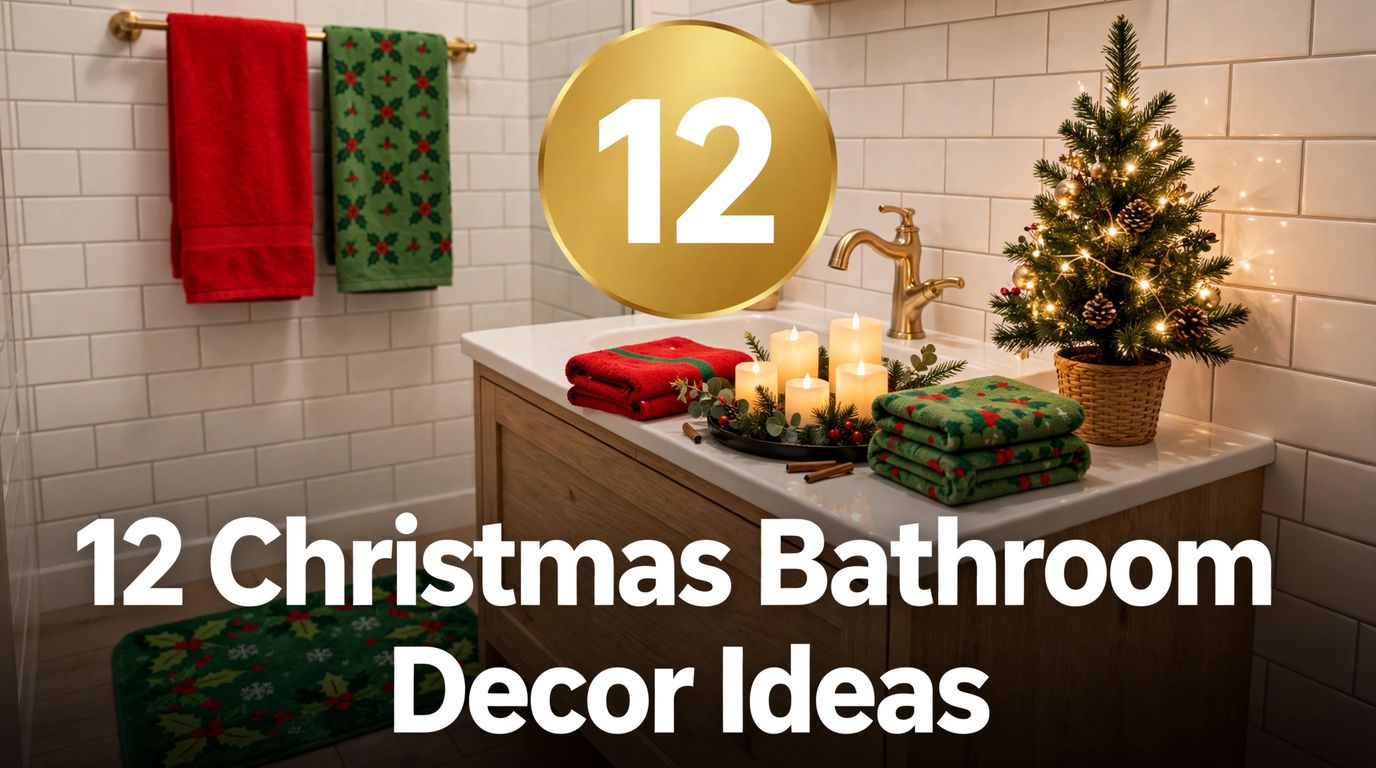 ** Title card reading "12 Christmas Bathroom Decor Ideas" with a festive apartment bathroom scene