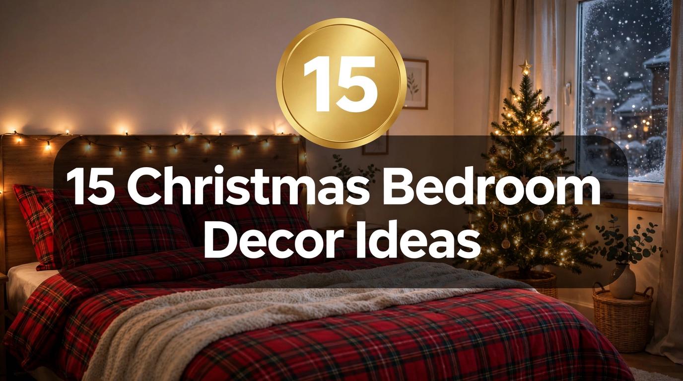 ** Title card reading "15 Christmas Bedroom Decor Ideas" with a cosy festive apartment bedroom scene