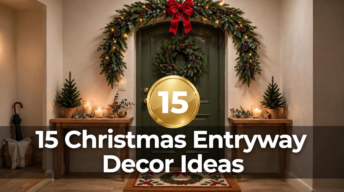 ** Title card reading "15 Christmas Entryway Decor Ideas" with a festive apartment entryway scene