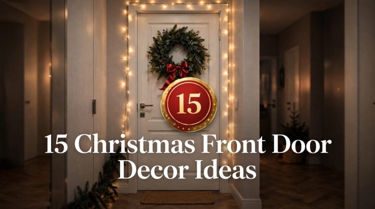 ** Apartment hallway door decorated for Christmas with a wreath, red ribbon and fairy lights — 15 Christmas front door decor ideas