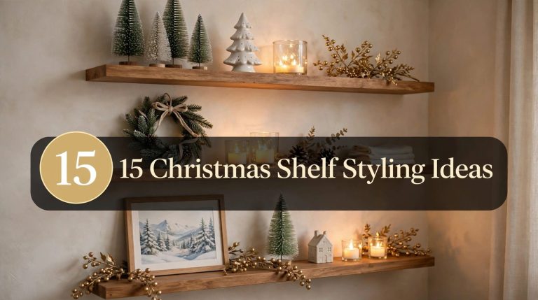 ** Christmas shelf styling ideas for apartments — festive styled floating shelves in a small living room