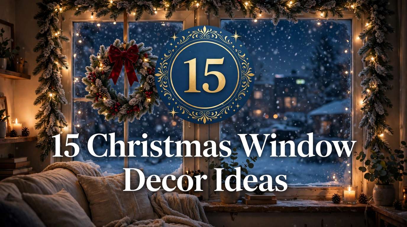 ** Apartment window decorated for Christmas with fairy lights, frosted garland and a wreath at night — 15 Christmas window decor ideas