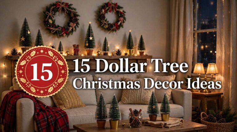 ** Apartment mantel styled with Dollar Tree Christmas decorations, mini trees and a red number 15 badge