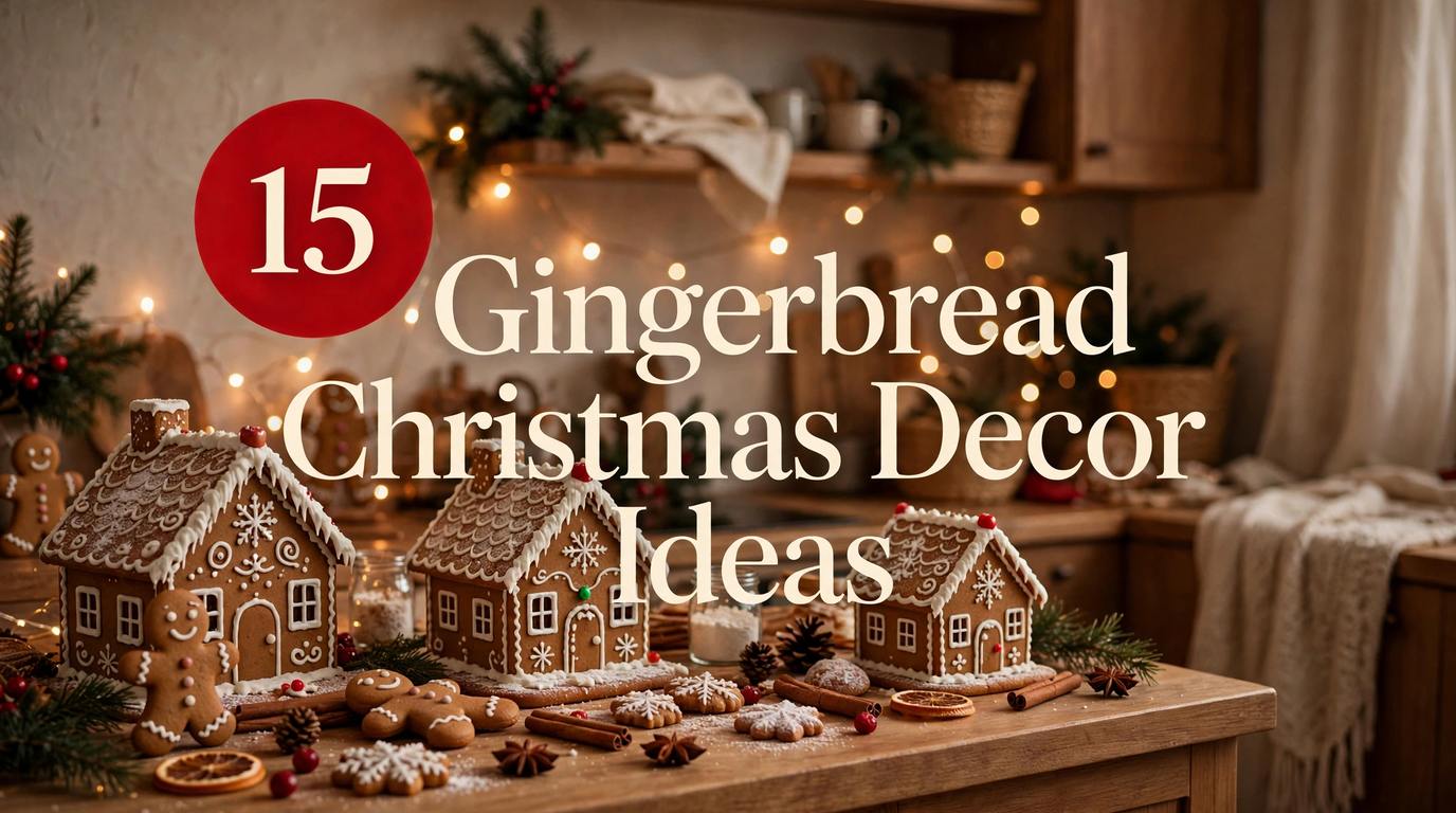 ** Gingerbread Christmas decor ideas for a small apartment kitchen, showing decorated gingerbread houses, gingerbread men cookies, cinnamon sticks and warm fairy lights on a wooden counter
