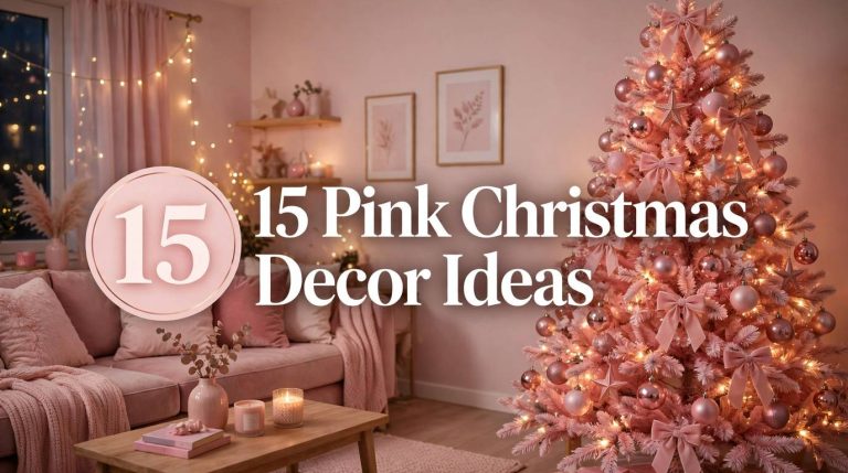 ** Pink Christmas tree with blush ornaments and rose gold lights in a small apartment living room