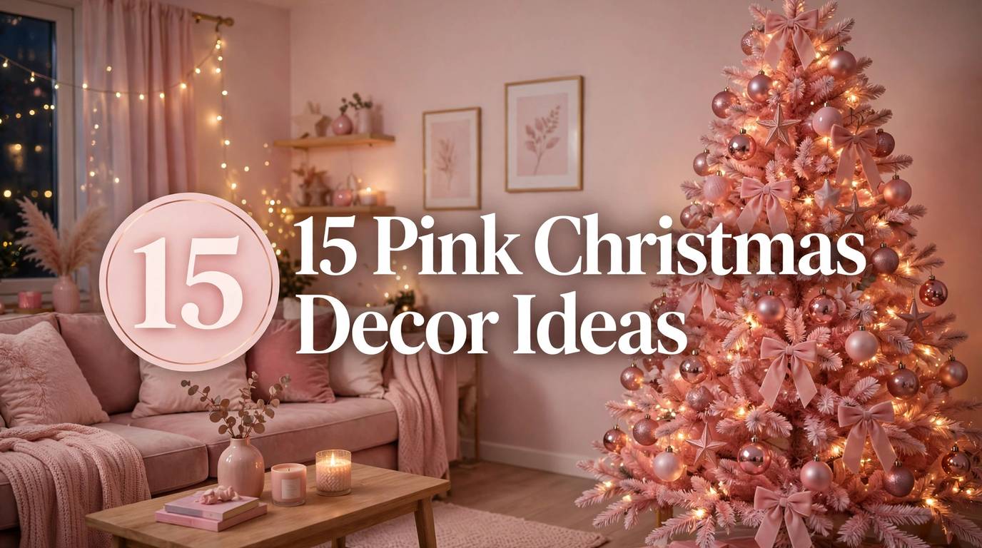 ** Pink Christmas tree with blush ornaments and rose gold lights in a small apartment living room