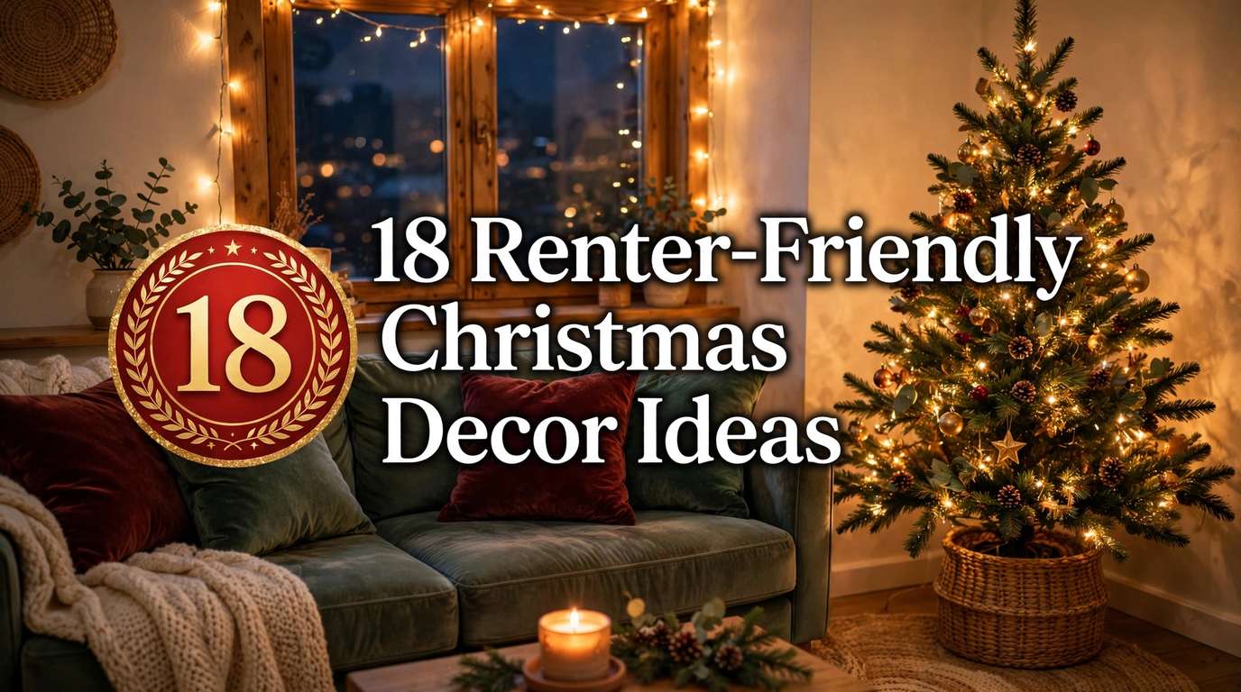 ** Cozy apartment living room decorated for Christmas with a lit tree, fairy lights and a red number 18 badge