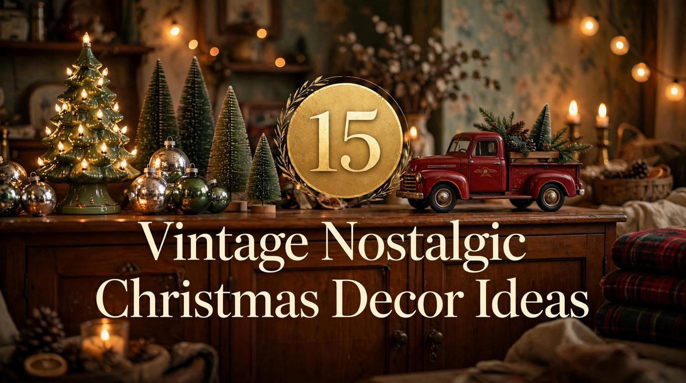 ** Vintage nostalgic Christmas decor ideas for a small apartment, showing a lighted ceramic Christmas tree, mercury glass ornaments, bottle brush trees and a vintage red truck on a sideboard