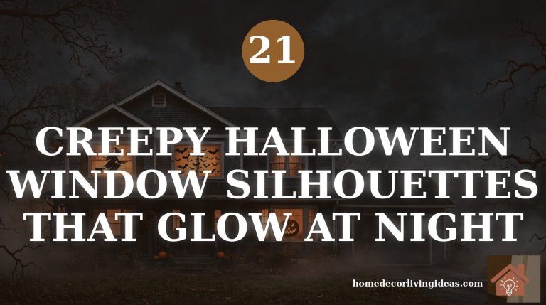 House at night with glowing Halloween window silhouettes of a witch, bats and a jack-o-lantern