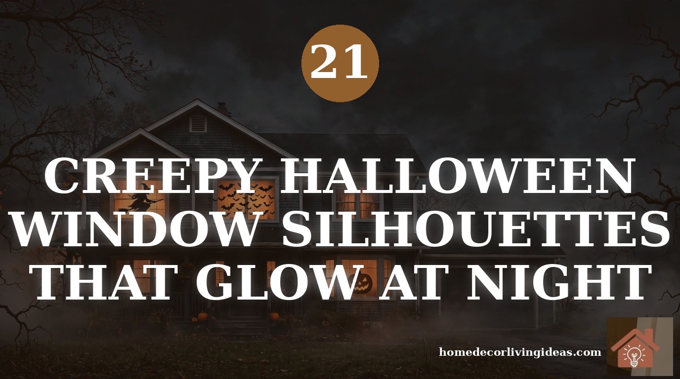 House at night with glowing Halloween window silhouettes of a witch, bats and a jack-o-lantern