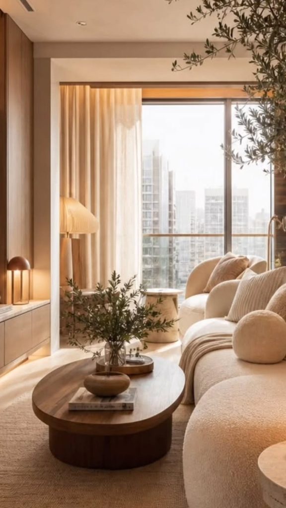 Curved Bouclé Sofa and Warm Wood