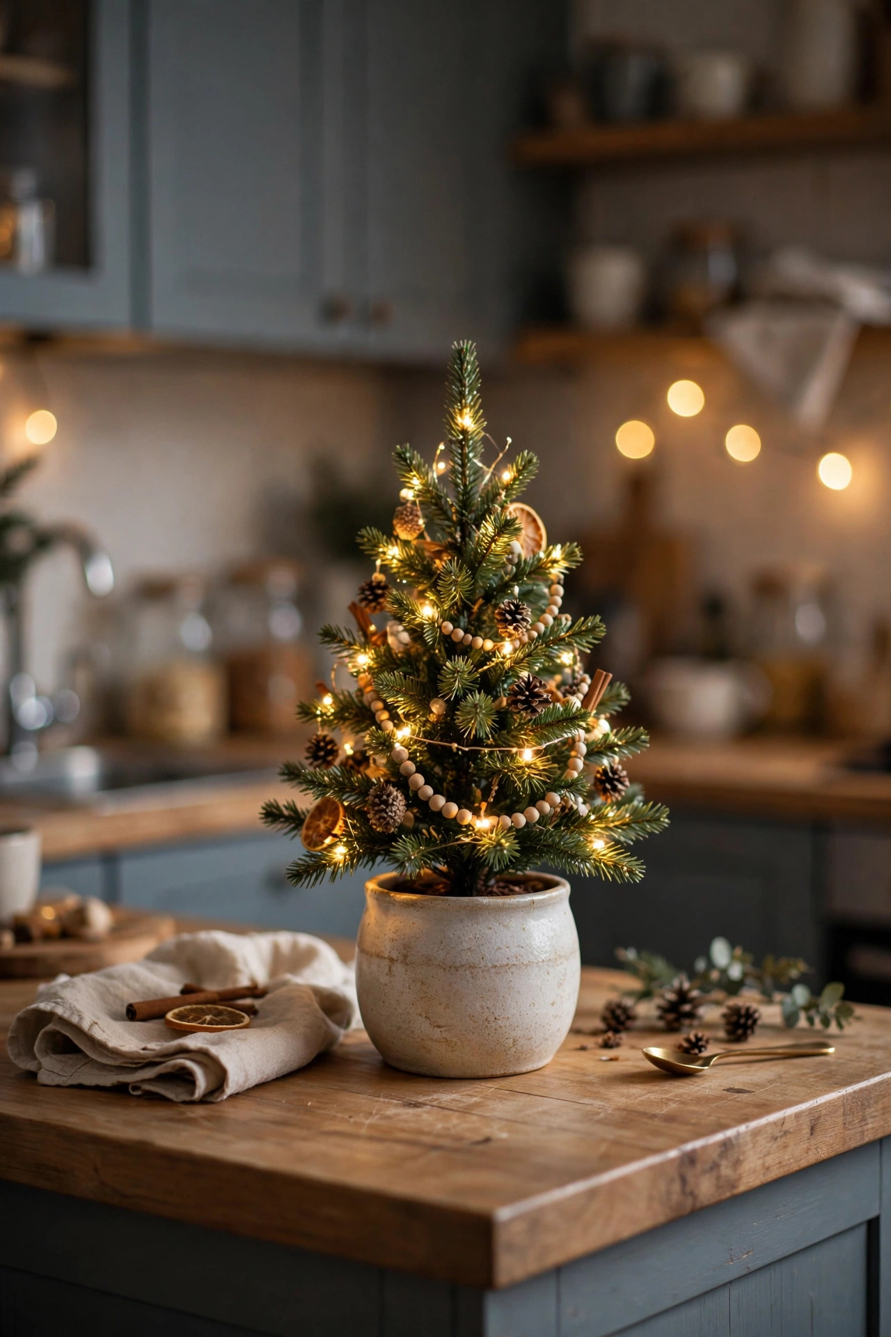Small tabletop Christmas tree with fairy lights on a tiny apartment kitchen counter