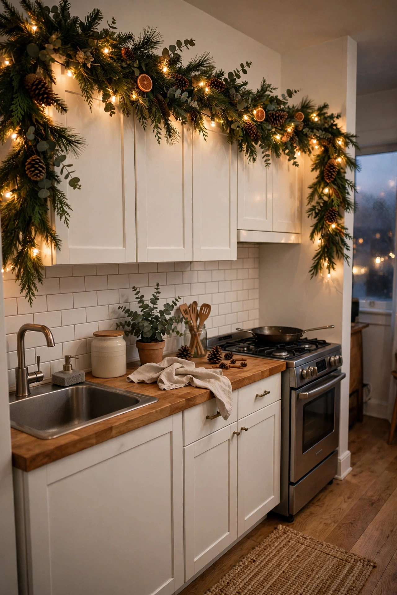 Christmas garland with pinecones and lights draped along the top of small apartment kitchen cabinets