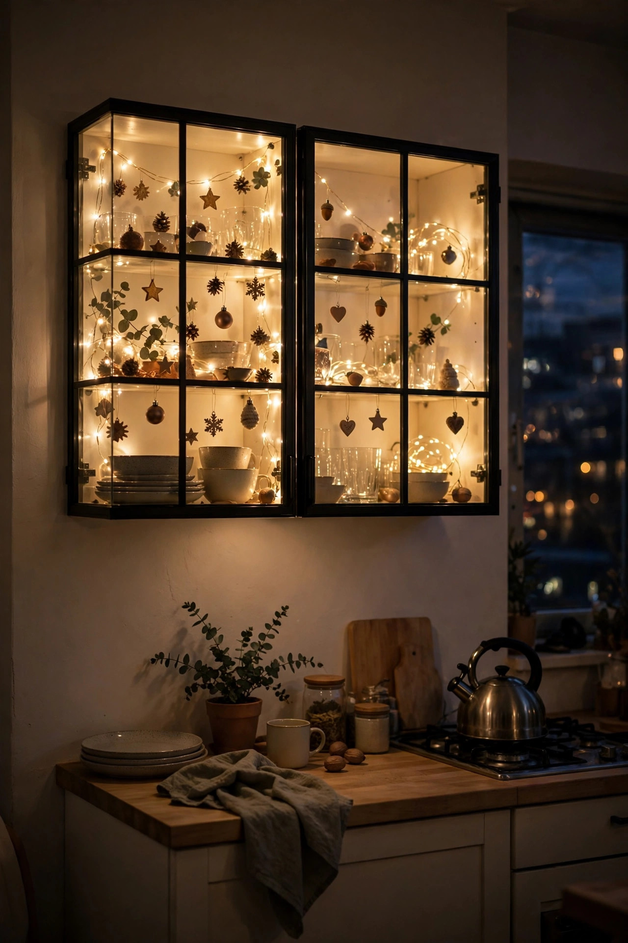 Glass kitchen cabinets glowing with warm fairy lights and small Christmas ornaments in a small apartment