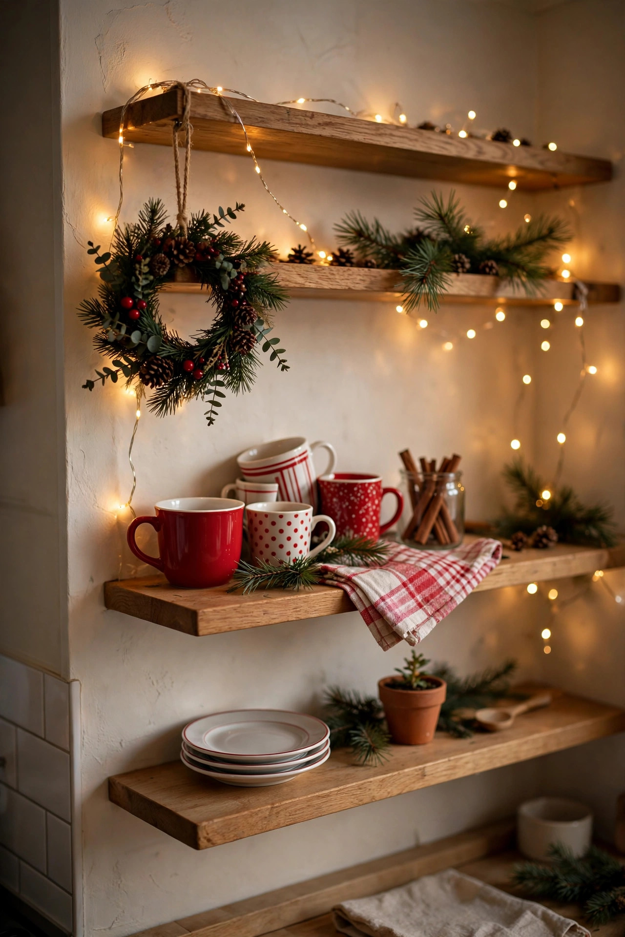 Open kitchen shelves in a small apartment styled with red Christmas mugs, a mini wreath and pine sprigs