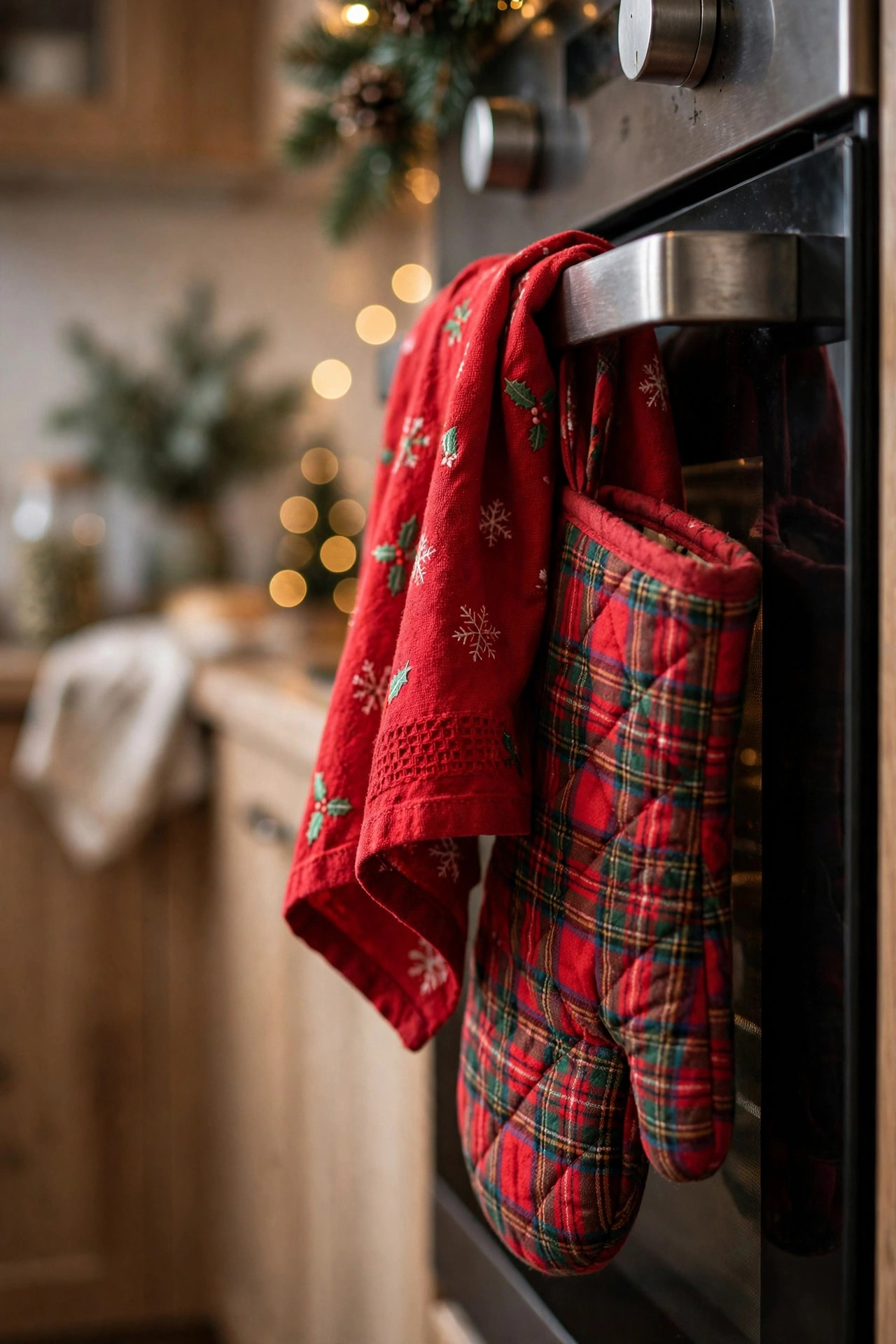 Festive red Christmas tea towel and plaid oven mitt hanging on an oven handle in a small apartment kitchen