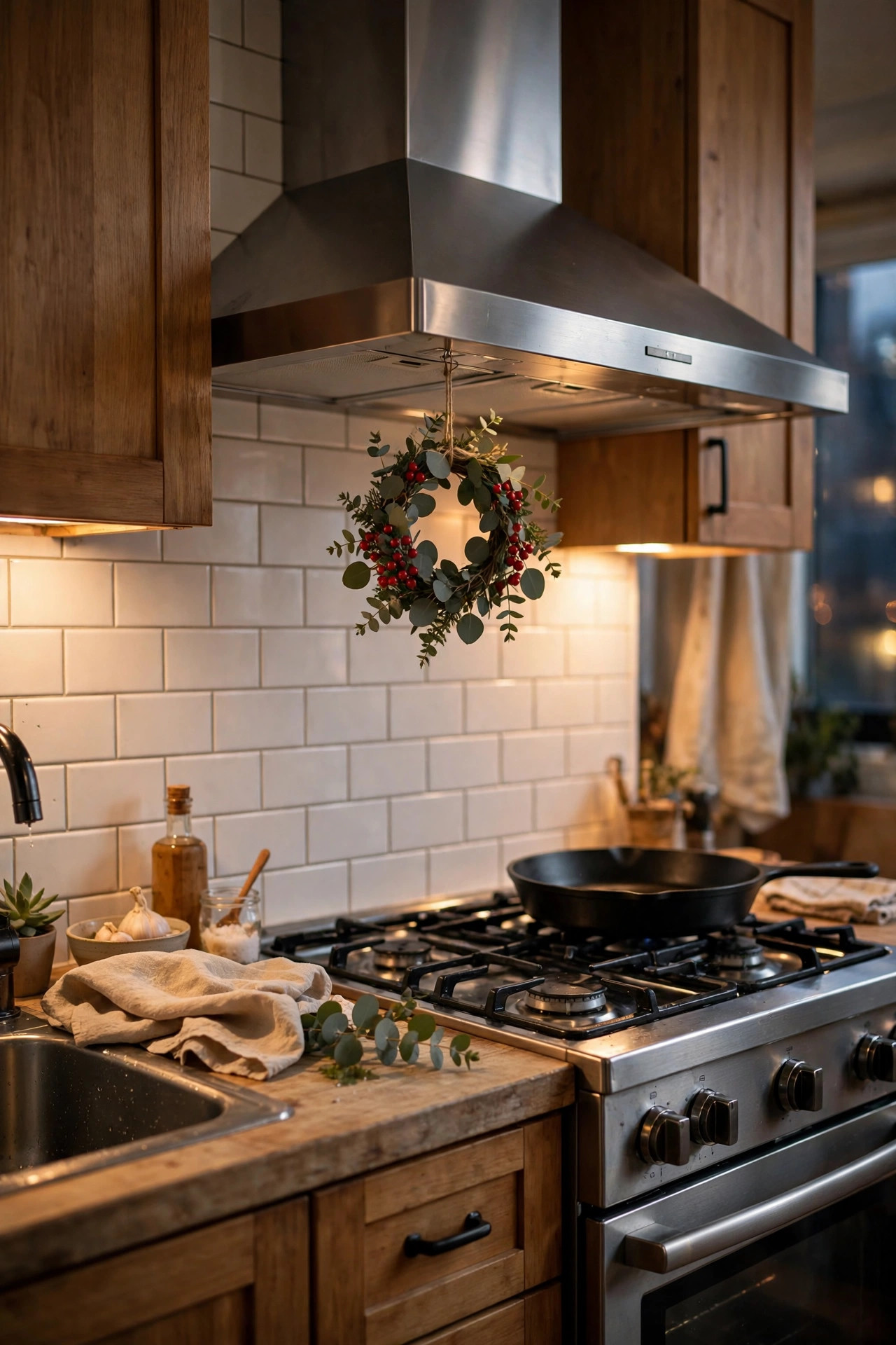 Small fresh Christmas wreath with eucalyptus and red berries hanging on a range hood in a compact apartment kitchen
