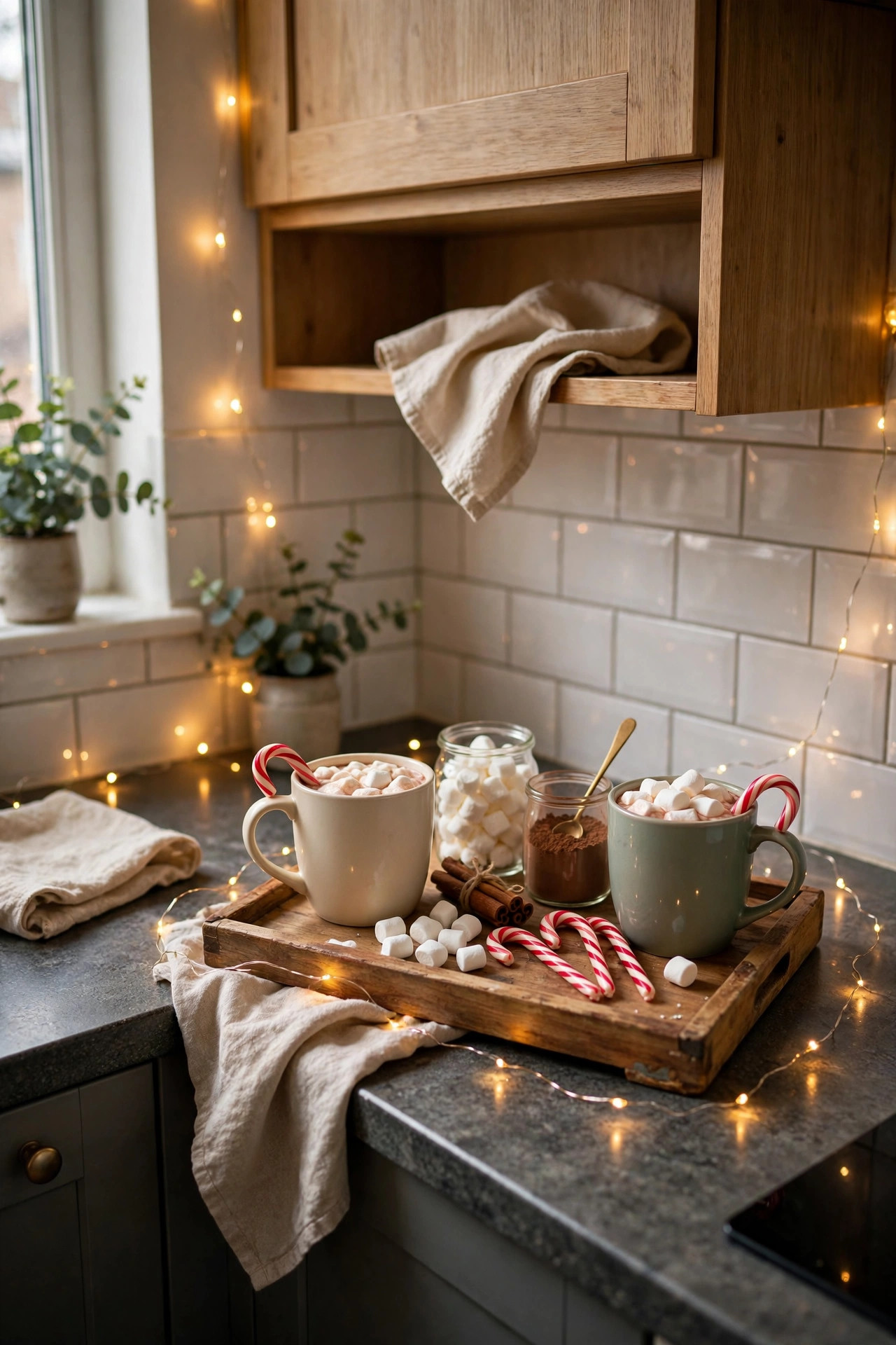 Wooden tray styled as a hot cocoa station with mugs, marshmallows and candy canes in a small apartment kitchen corner