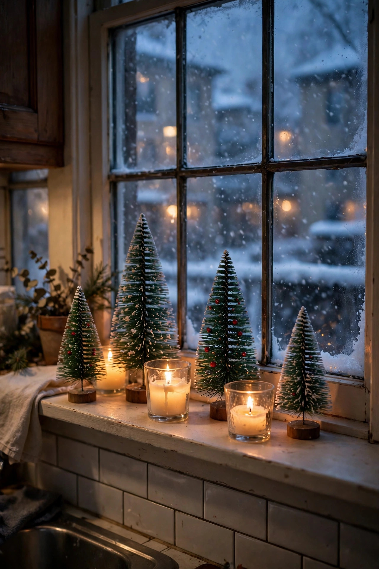 Kitchen windowsill in a small apartment decorated with tiny bottle-brush Christmas trees and LED candles at dusk