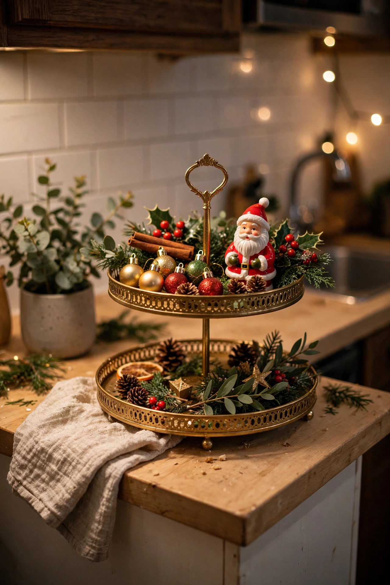 Two-tiered tray on a tiny apartment kitchen counter styled with mini ornaments, greenery and a small Santa figure