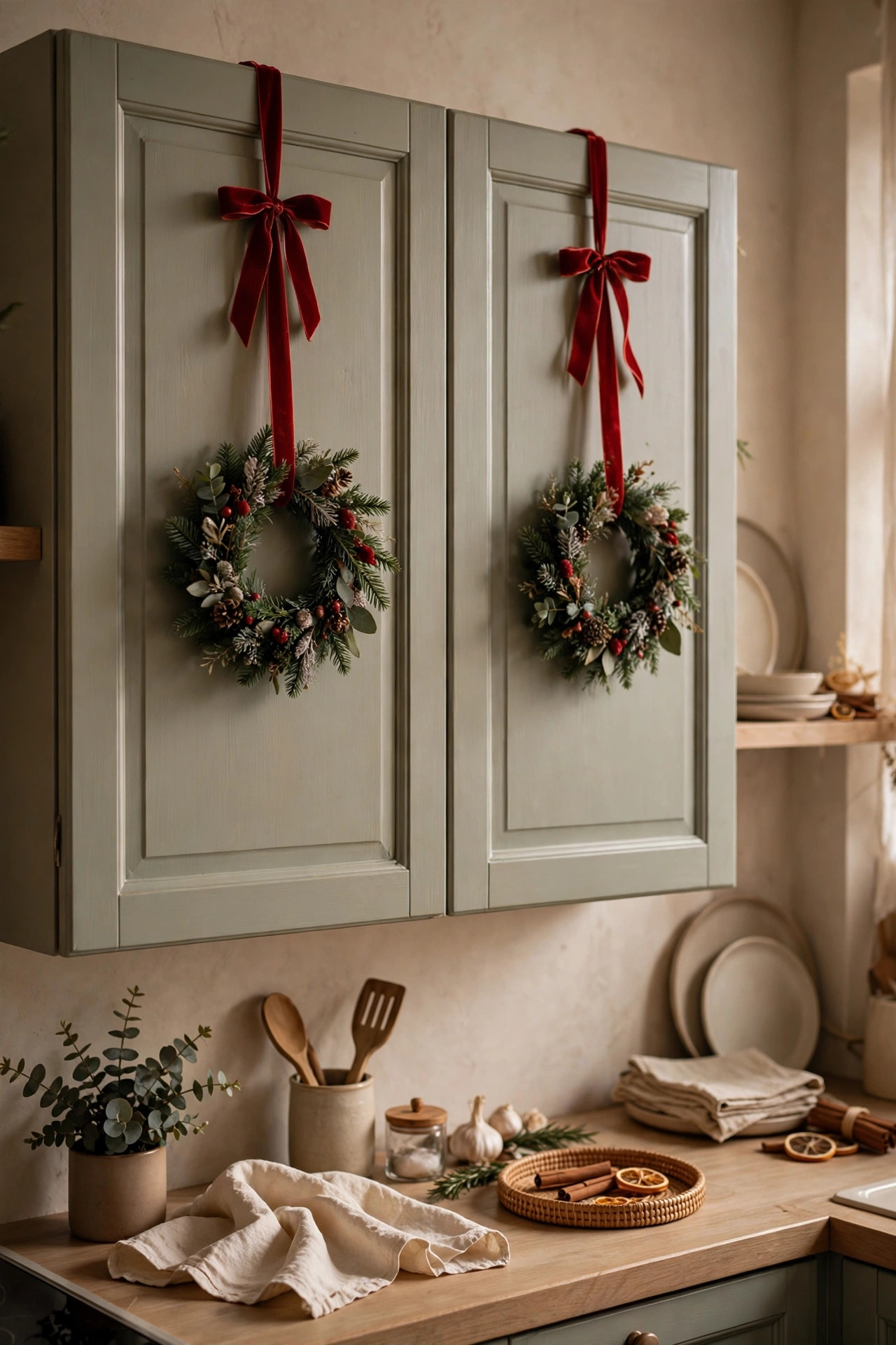 Mini Christmas wreaths hung by red velvet ribbon on small apartment kitchen cabinet doors