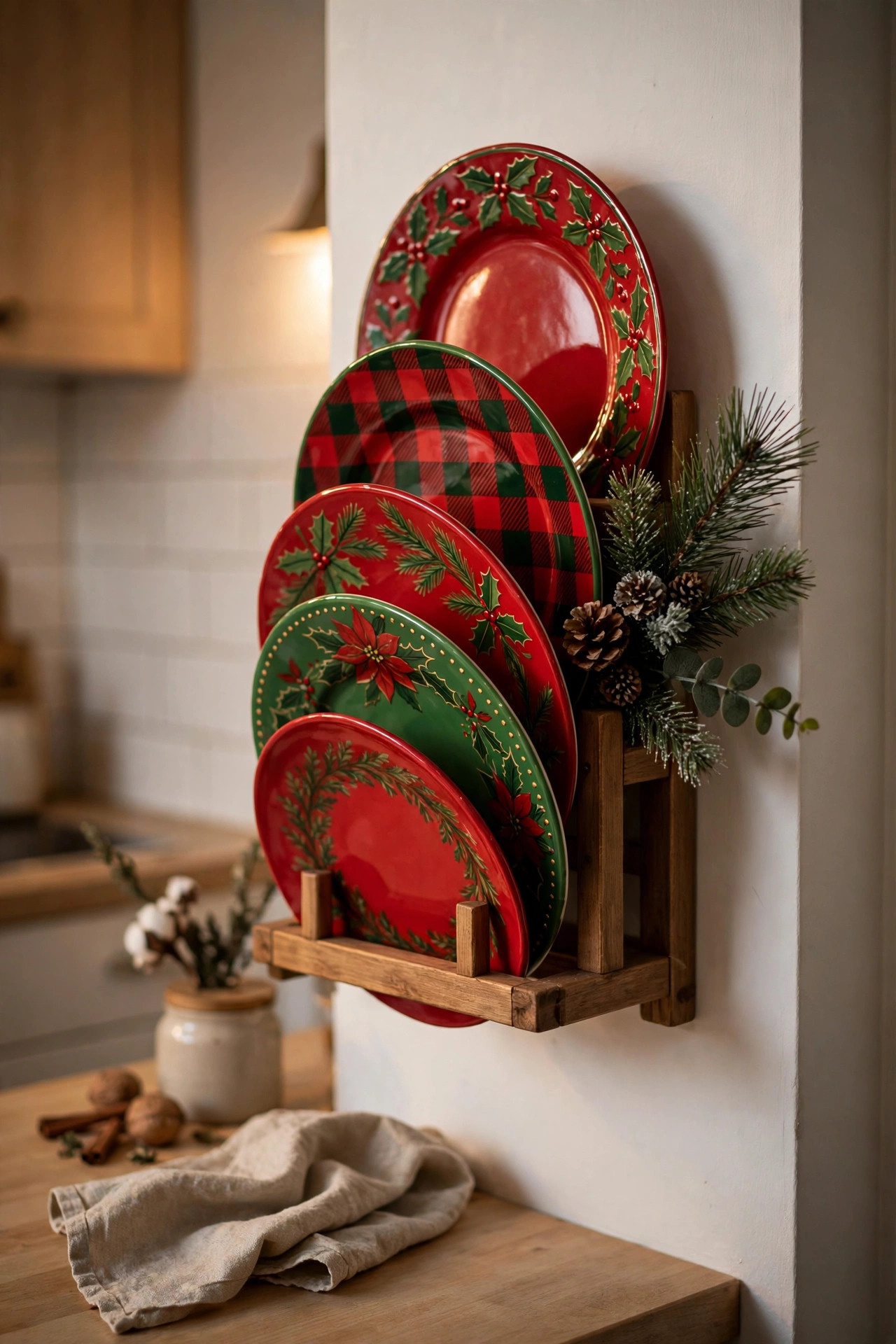 Plate rack in a small apartment kitchen holding festive red and green Christmas plates with a pine sprig