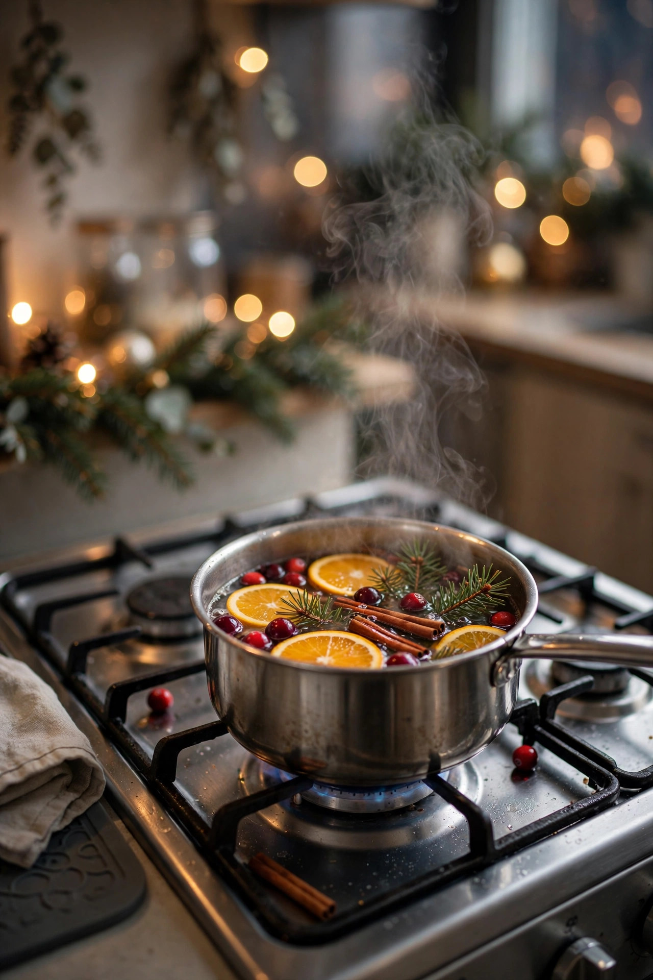 Simmer pot with oranges, cranberries, cinnamon and pine steaming on a small apartment stovetop with Christmas bokeh