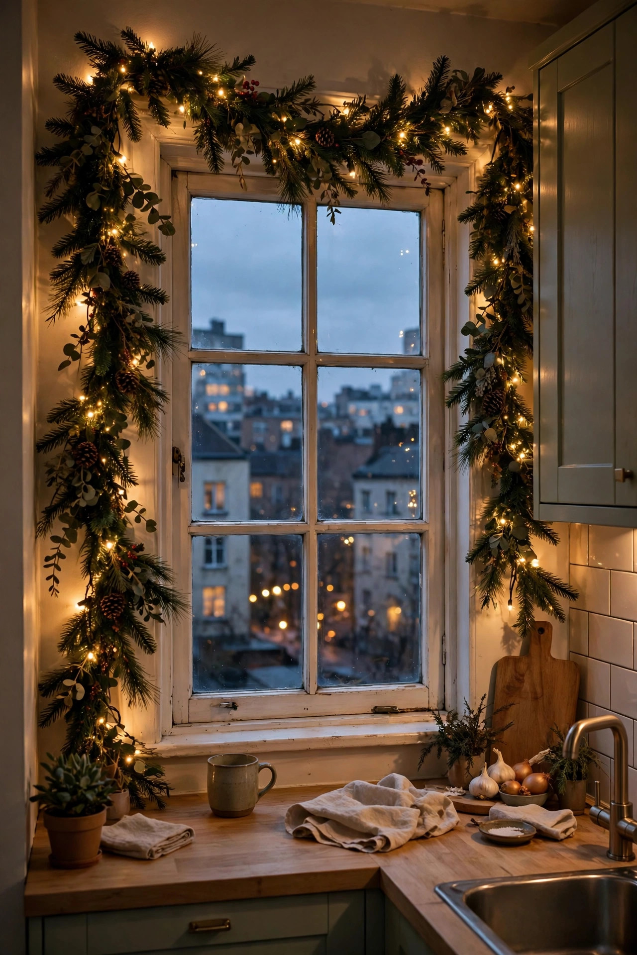 Small apartment kitchen window framed with Christmas garland and twinkle lights at dusk