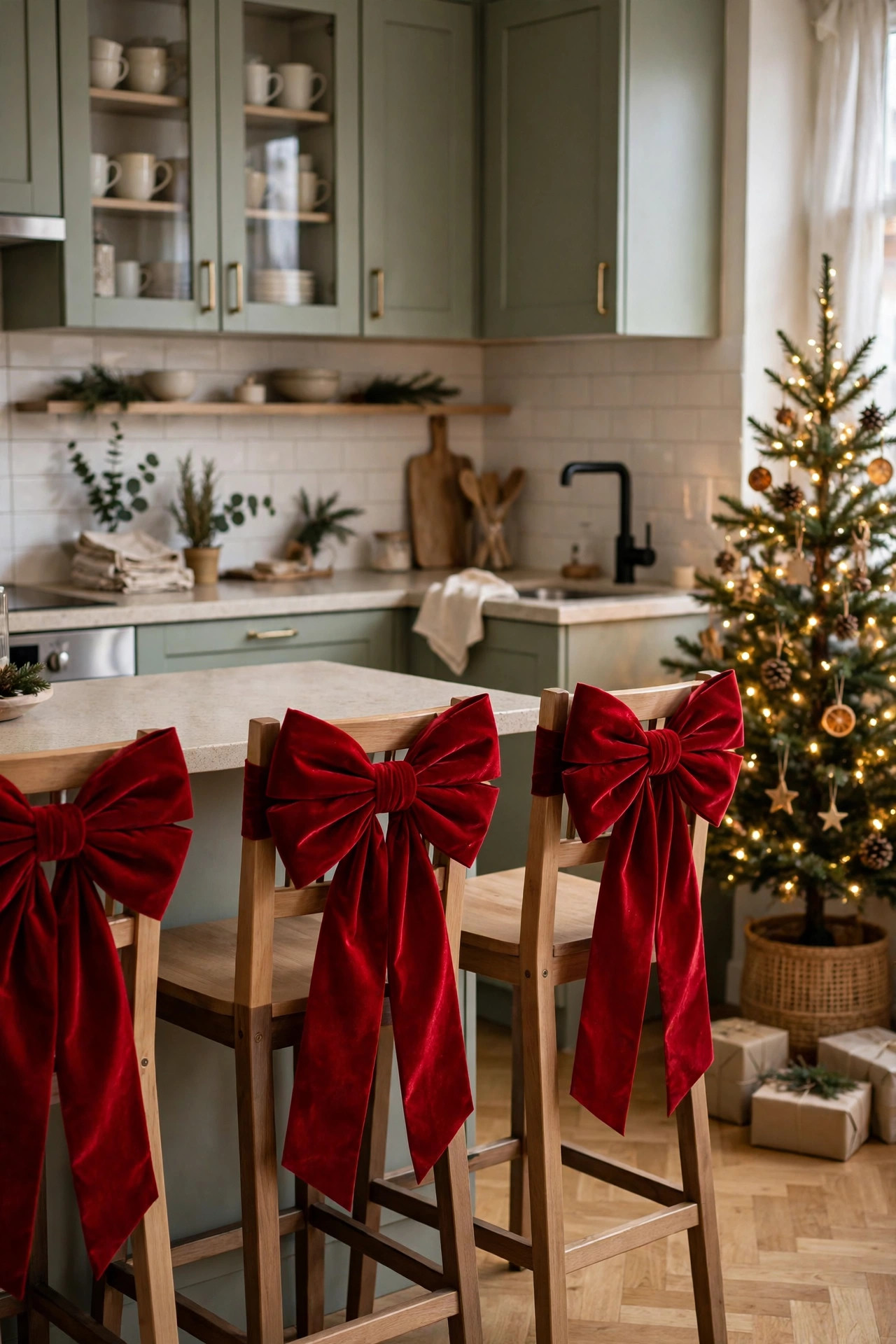 Bar stools in a small apartment kitchen with big red velvet bows tied on the backs, Christmas tree behind