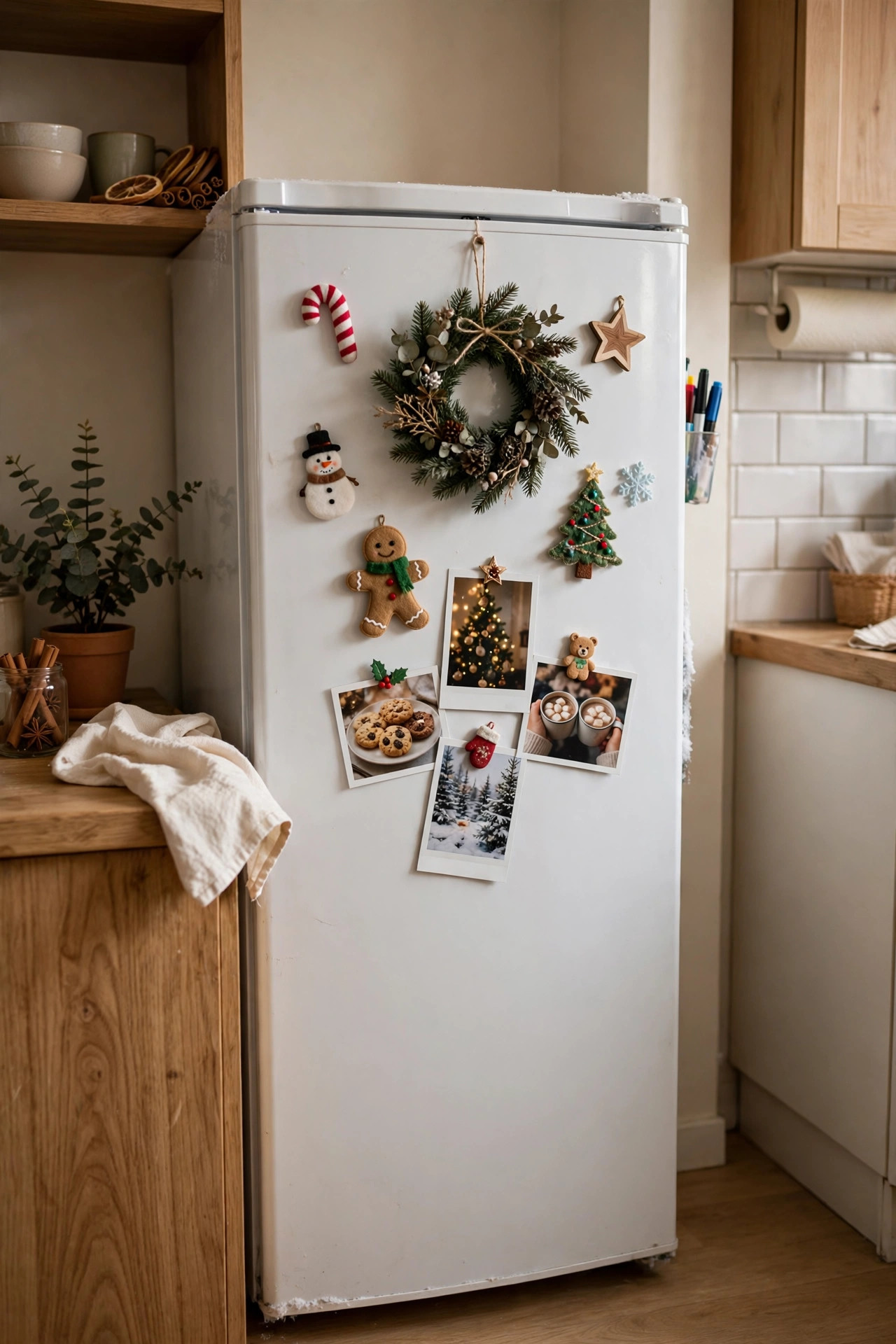 Small apartment fridge decorated with Christmas magnets, a mini wreath and festive photos