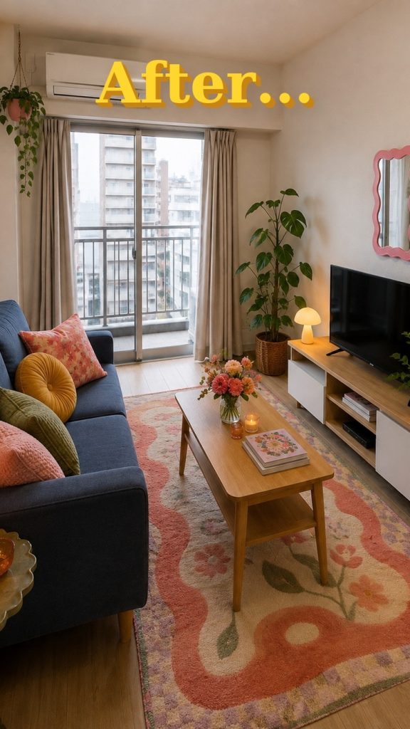 Plain Rental a Quick Cozy Makeover with a Playful Rug