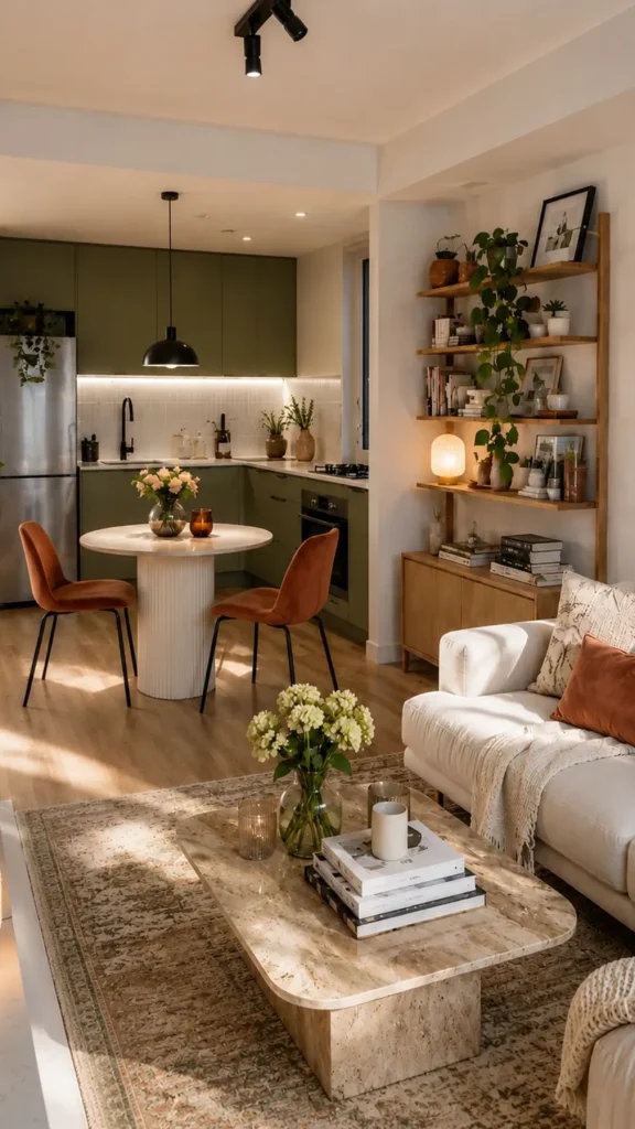 Rust and Olive Across the Kitchen and Lounge
