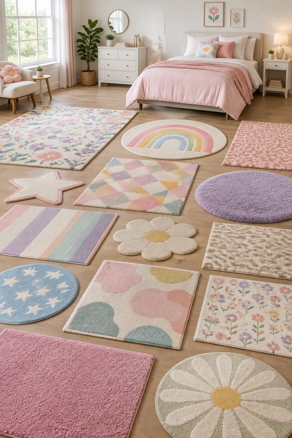 A girls’ bedroom with a variety of rugs arranged across the floor.