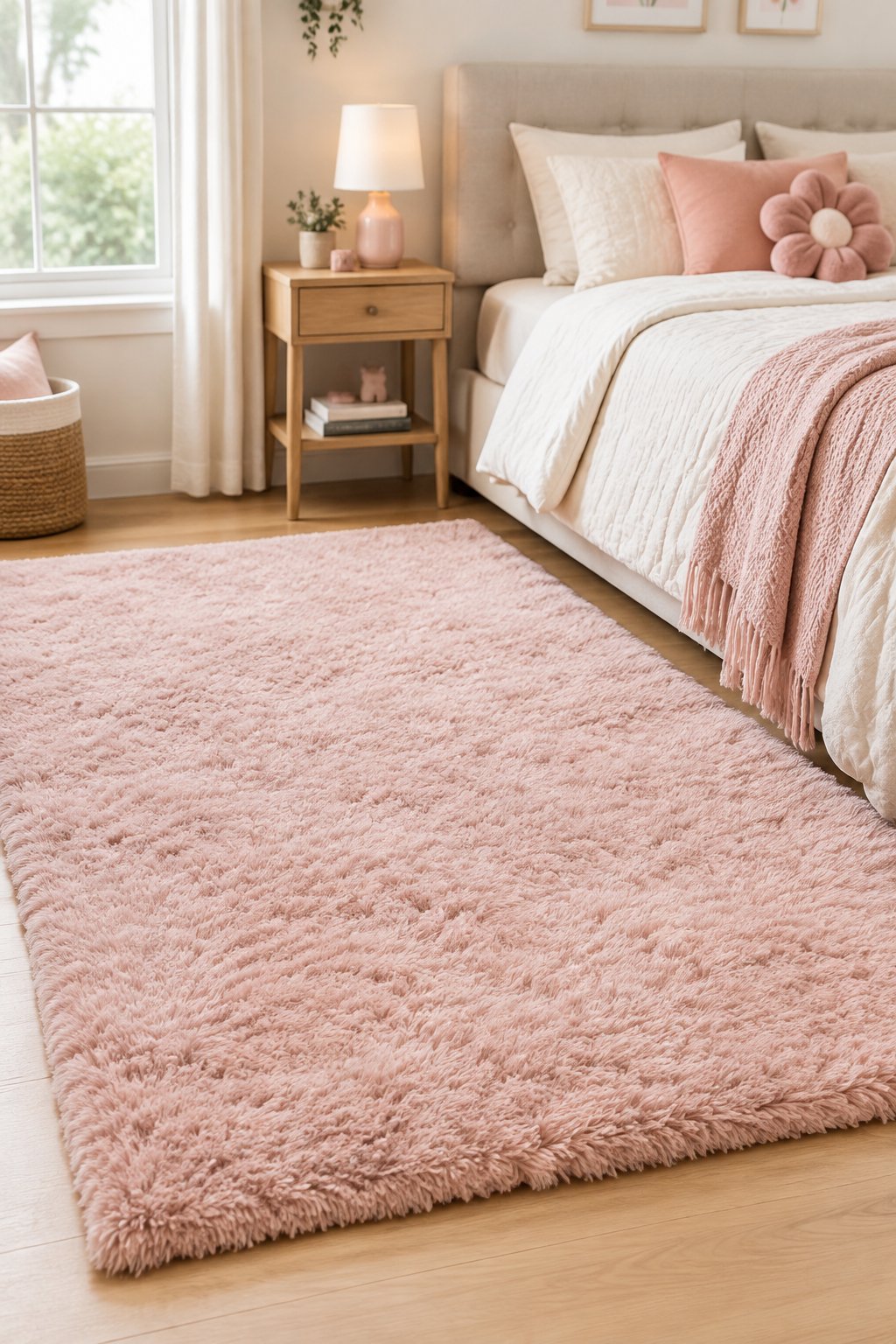 A blush pink shag rug lies beside a bed in a girl's bedroom.