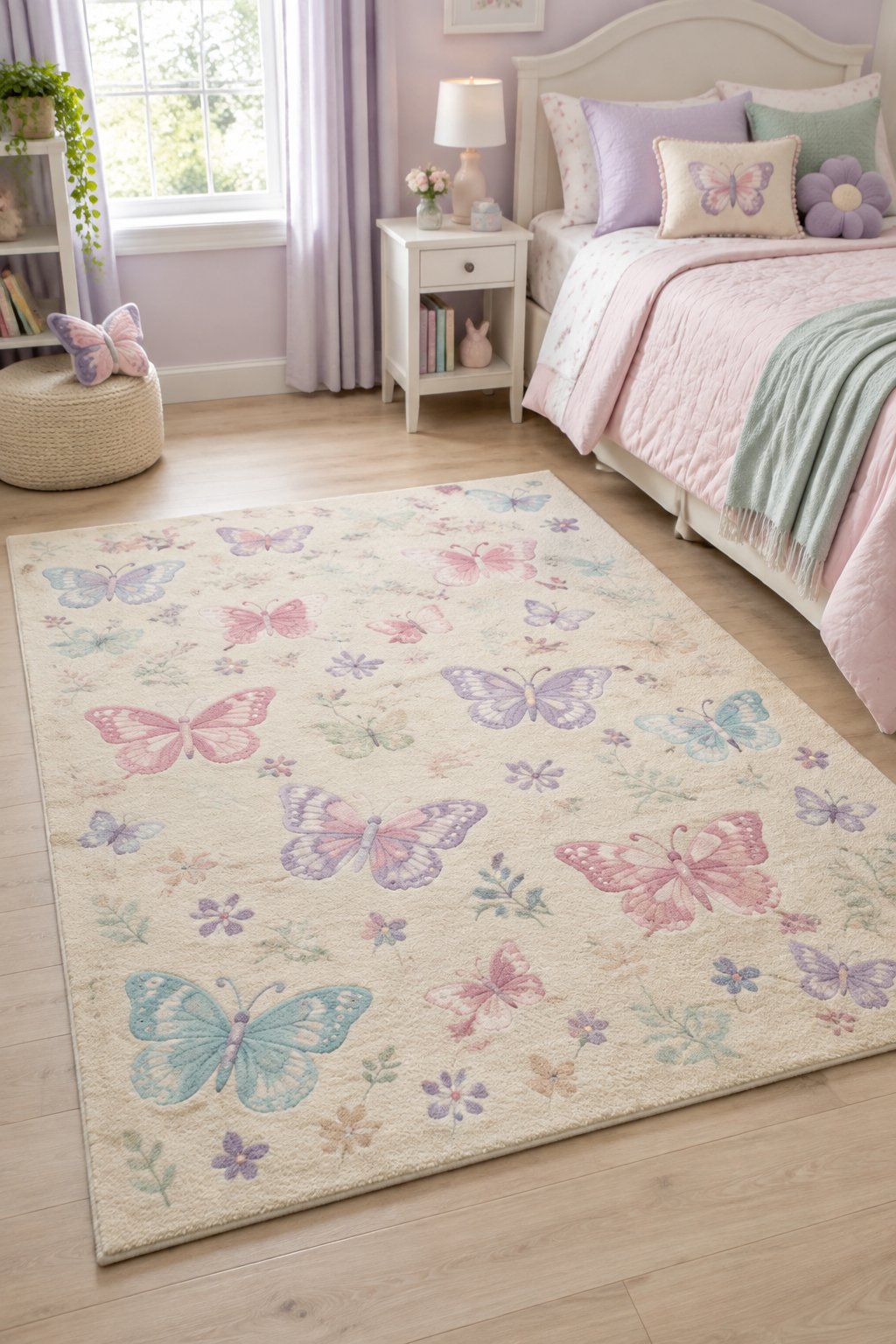 A butterfly-print rug lies beside a neatly made bed in a girl’s bedroom.